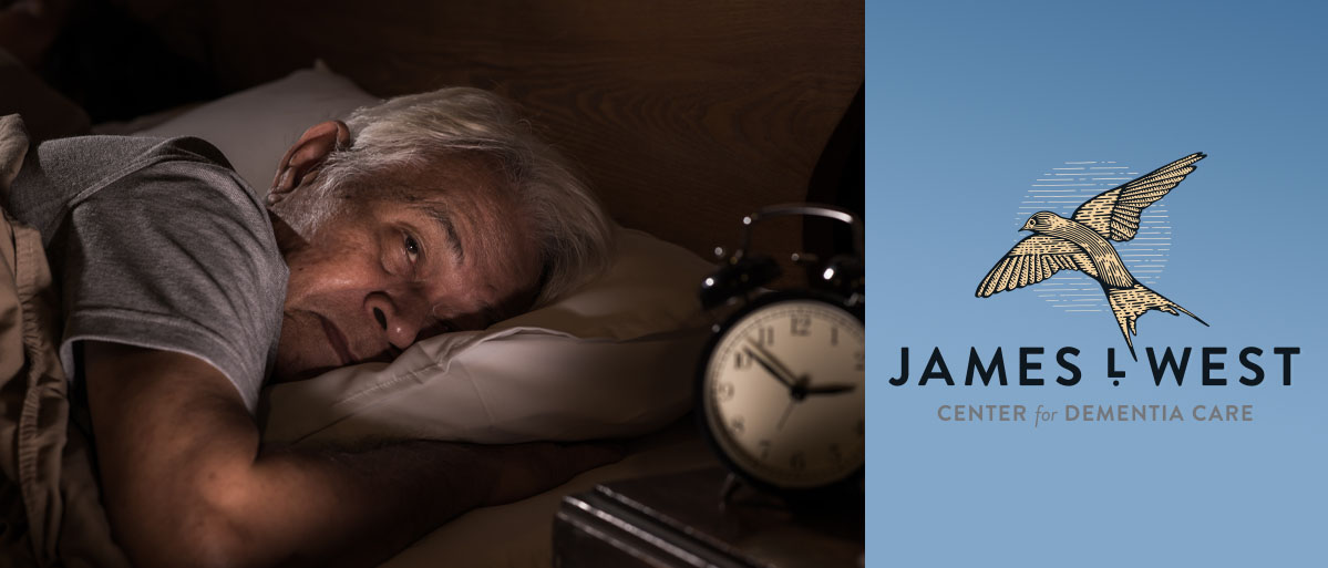 Healthy sleep patterns in dementia can help prevent sleep deprivation and challenging expressions. Photo of man in bed with one eye open looking at the clock.